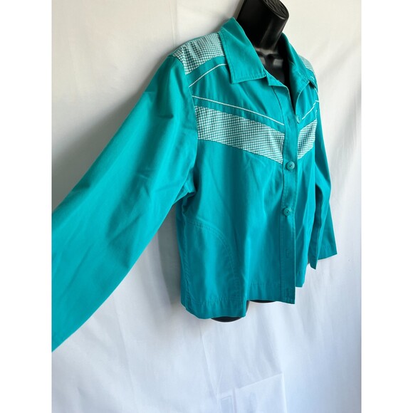 Vintage G.W. Gingham Turquoise Blue Shacket Button Down Quirky 80s Petite L - Picture 8 of 9